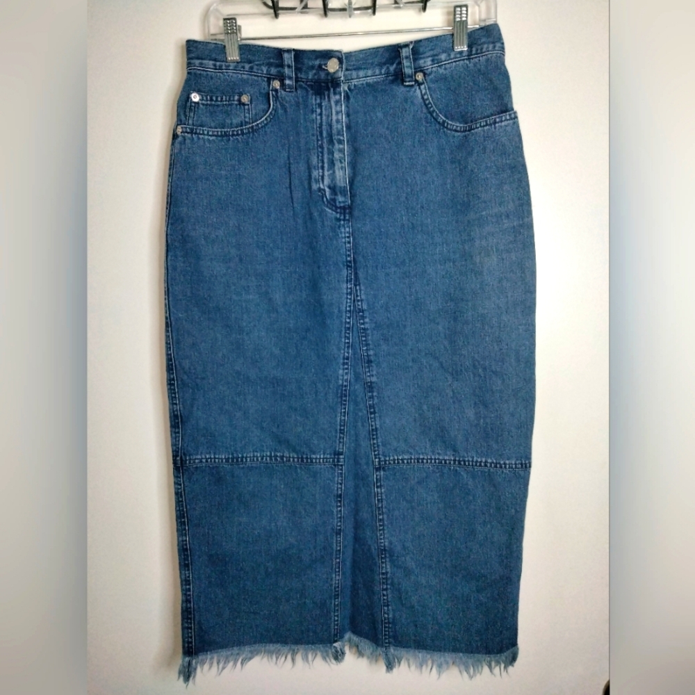 Lauren Jeans Co (Size 10) Blue Medium Wash Raw Hem Back Split Denim Midi Skirt